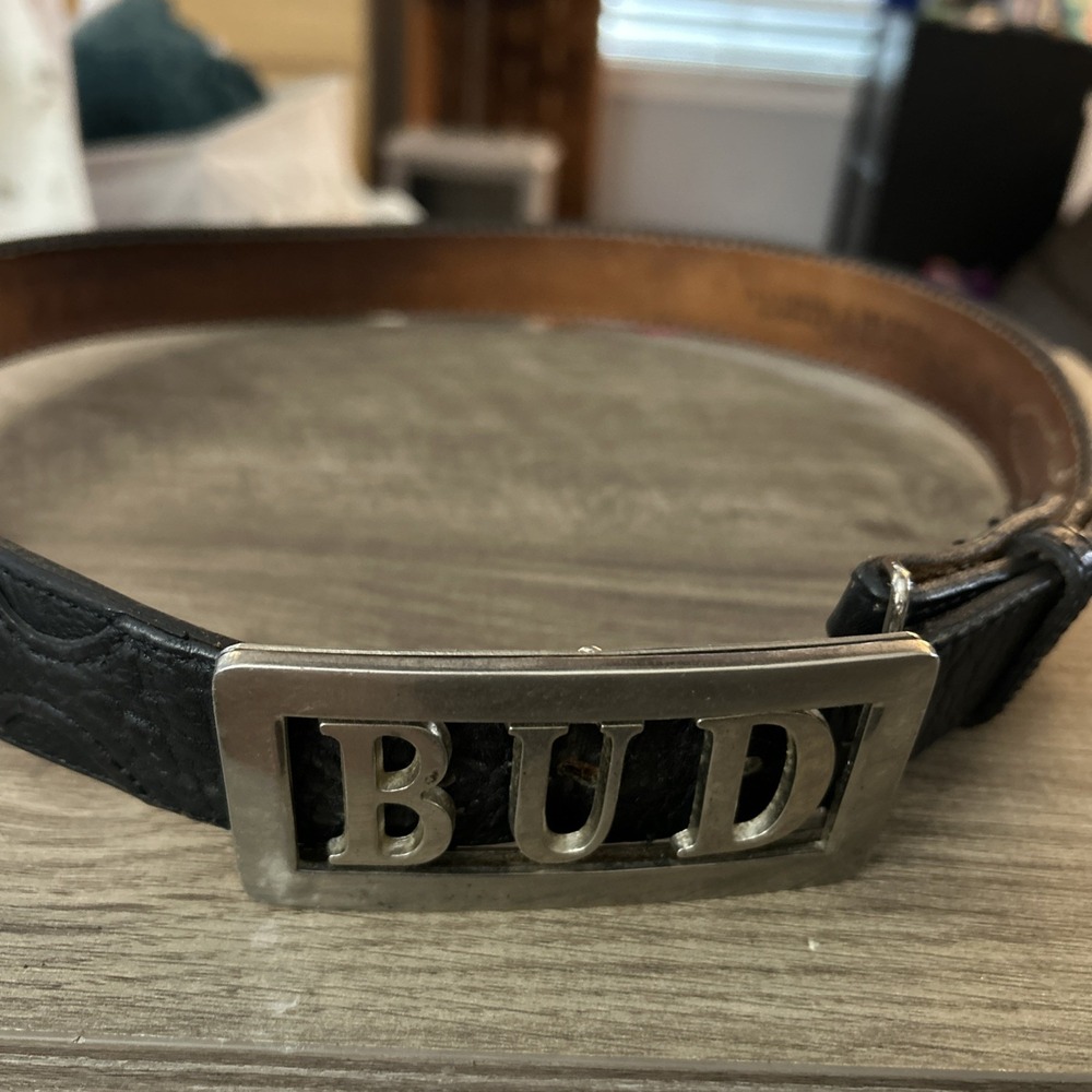 Nocona Leather Belt Co Made In Texas Black " Bud" On Belt Buckle‎